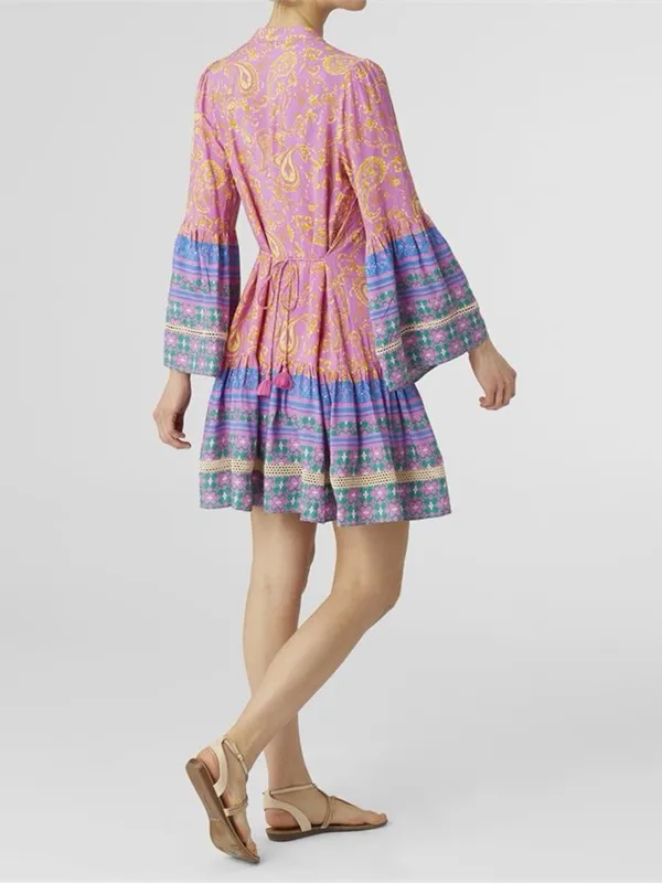 Coco + Carmen Boho Paisley Tunic Dress Pink Blue Tassel Tie Size L/XL Hippie - Image 8