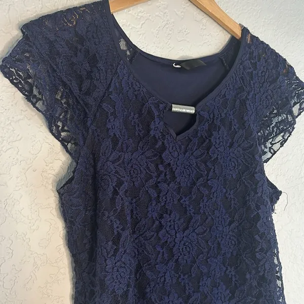 Witchy Lace Midnight Blue Top Flutter Sleeve Whimsigoth Goth Fall Halloween - Image 2