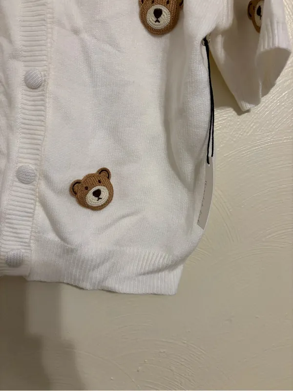 Threaded Leaf Teddy Bear Applique Knit Cardigan White NWT XL - Image 8
