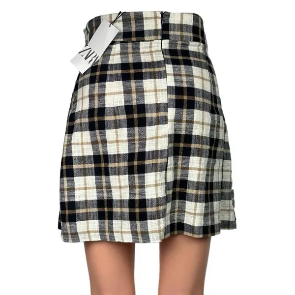 NEW Zara Black White Plaid Paperbag Tie Belt Preppy Checkered Wrap Mini Skirt XS - Image 3
