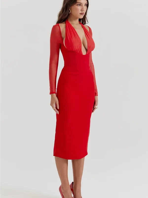 House of CB Yasmin Scarlet Plunge Midi Dress XS - Image 4