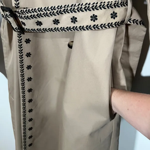 NEW Mable Embroidered Trench Coat Sz Medium Taupe and Black Neutral - Image 10