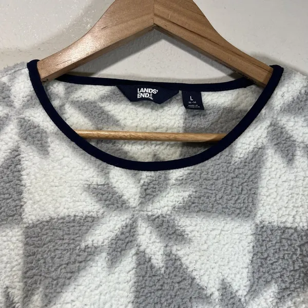 Lands’ End Women LARGE White Gray Sherpa Fleece Pullover Sweatshirt Holiday - Image 3