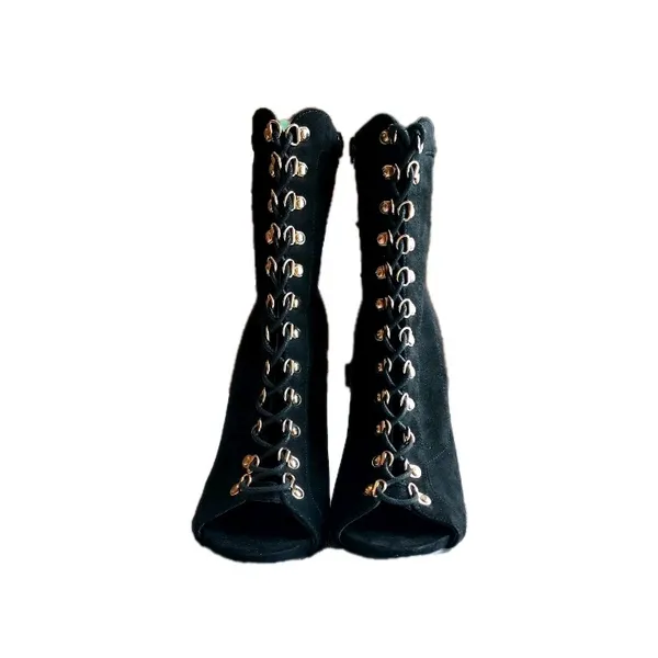 NWOB Wild Diva Black Vegan Suede Stiletto Boots with Gold Accents Size 8 - Image 3