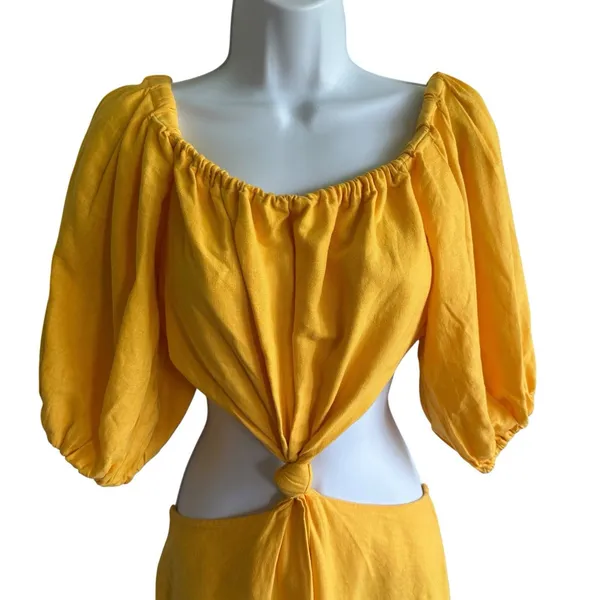 FARM RIO Midriff Dress Size S Yellow Puff Sleeve Off Shoulder Knotted Boho - Image 8