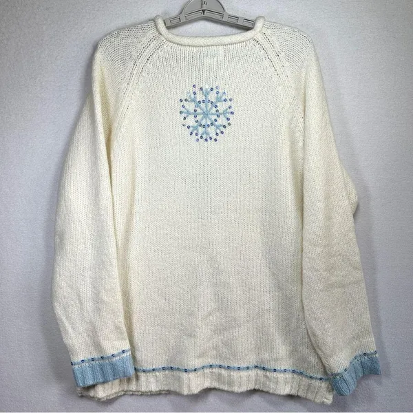 Quacker Factory Snowflake Sweater L Off White Cream Blue Sequins Winter Holiday - Image 4