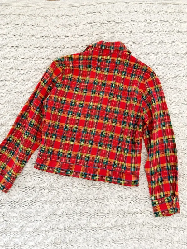 Vintage Rice Sportswear Red Plaid Cropped Jean Jacket - Image 3