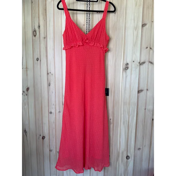 NWT Lulus Lulus Valonia Red Orange Ruffled Clip Dot Empire Waist Midi Dress Sz M - Image 2