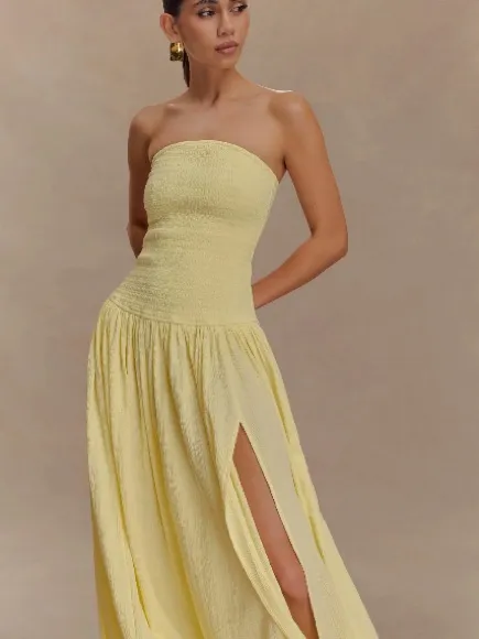 MESHKI maureenCotton Shirring Maxi Dress - Lemon, M - Image 4