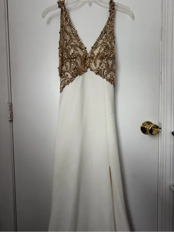 Faviana Ivory Gown with Gold Beaded Bodice - Image 3