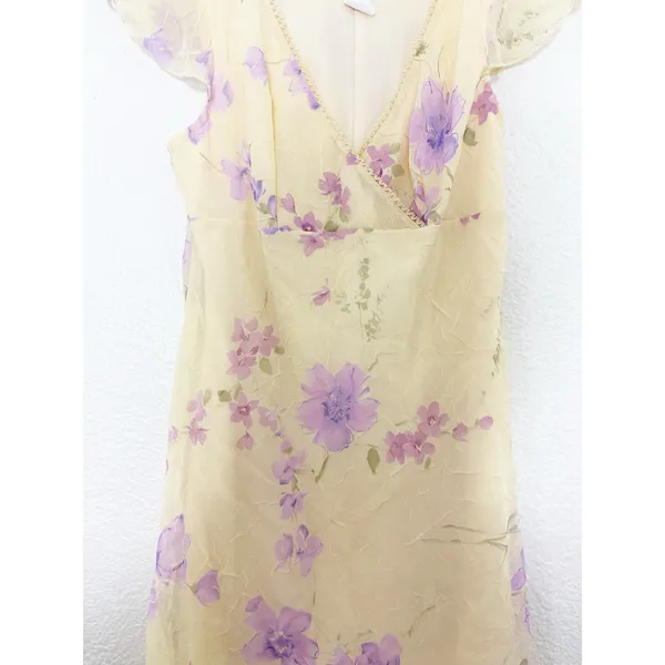 Vintage 90s City Triangles Butter Yellow Floral Midi Dress Fairy Coquette Y2K - Image 7