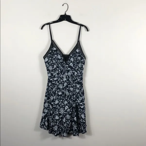 Adelyn Rae Black Floral Mesh Ruched Tie Fit & Flare Mini Dress Small - Image 5