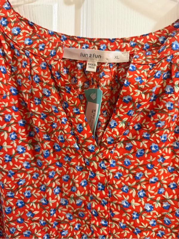 fun 2 fun Red Floral Short-Sleeve Blouse with Blue & White Accents - Image 5