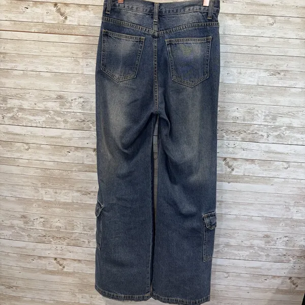 Cider Womens XS Jeans High Waist Cargo Carpenter Utility Wide Leg Y2K Med. Wash‎ - Image 5