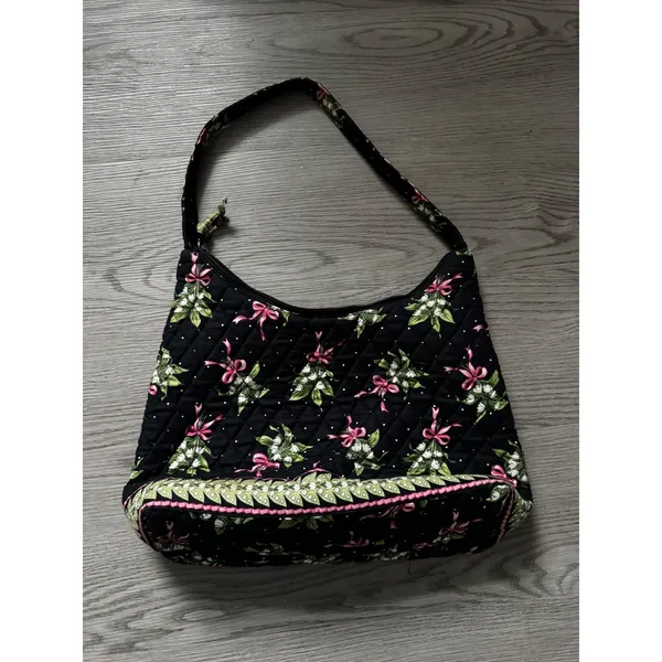 Vera Bradley Lily Bell Quilted Cotton Shoulder Bag Black Floral Pink Bows Hobo - Image 2