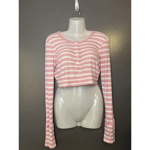 OFFLINE By Aerie Shirt Womens Medium Pink Stripe Henley Cropped Long Sleeve - Image 2