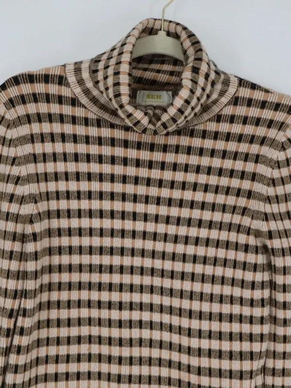 Maeve Anthropologie Sweater Large Fitted Stretch Plaid Cowl Neck Brown Black - Image 2