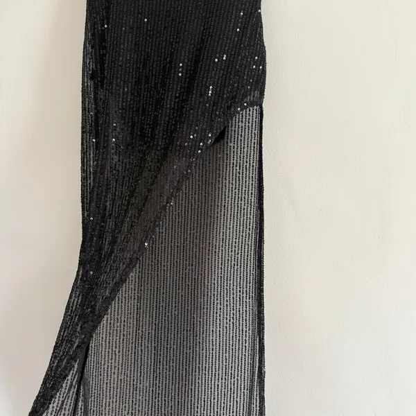 LUCY IN THE SKY | Doja Sheer Black Sequin Maxi Skirt with Leg Slit | Extra Small - Image 3