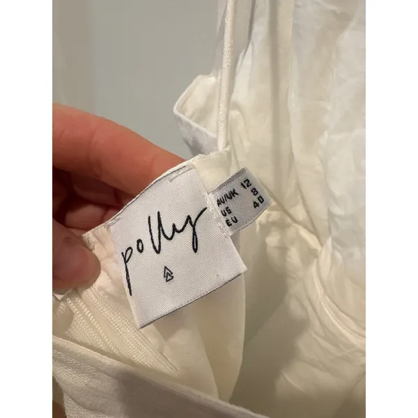 Oh Polly Mini‎ Dress White Ruffle Tie Strap V Neck Button Front Linen Blend - Image 3