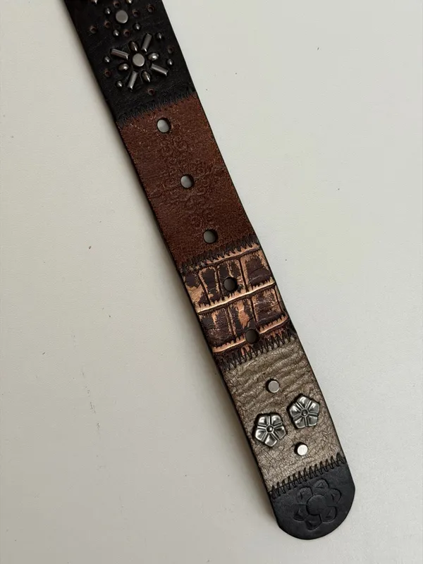 Y2K Fossil Belt Leather Studded Flower Black Brown Silver Gold Gunmetal Buckle - Image 8