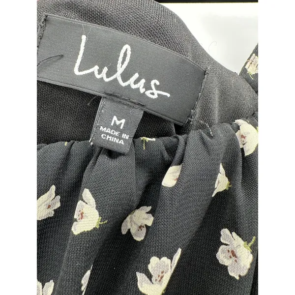 Lulus Black Floral Milkmaid Jumpsuit Sz M Puff Sleeve Wide‎ Leg Square Neck - Image 8