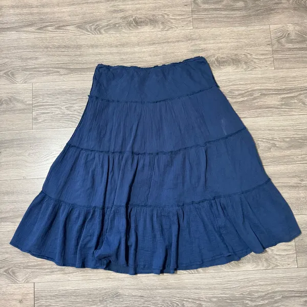 Chaps Maxy SKirt L‎ Navy Blue Crinkle Gauze Tiered Large Boho 100% Cotton Flowy - Image 6