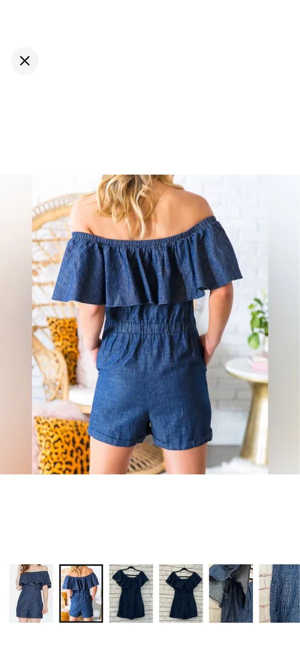Storee Dark Chambray Off Shoulder Shorts Romper 100% Cotton Navy Small. Like new. Stretchy band around upper arms. Zipper on side. No stretch in body but stretchy waist. Pockets. 14” bust 21” rise 3” inseam - Image 2