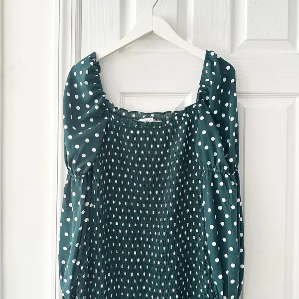 Petal & Pup Green White Polka Dot Smocked Bodycon Midi Dress Puff Sleeve US 10 - Image 3