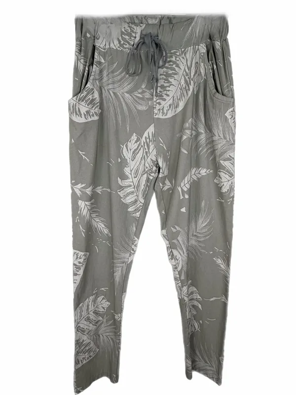KAKTUS Relaxed Tropical Print Drawstring Joggers Sage/Gray & White Size Small - Image 2