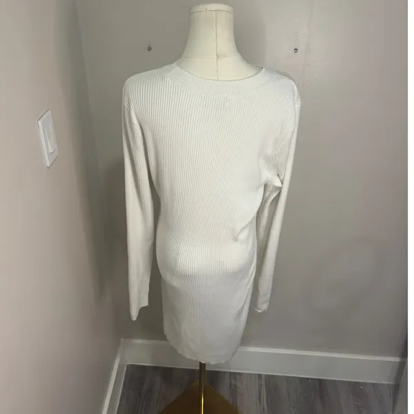 Hollister White Ribbed Knit Long Sleeve Mini Dress XL Crew Neck Bodycon - Image 3