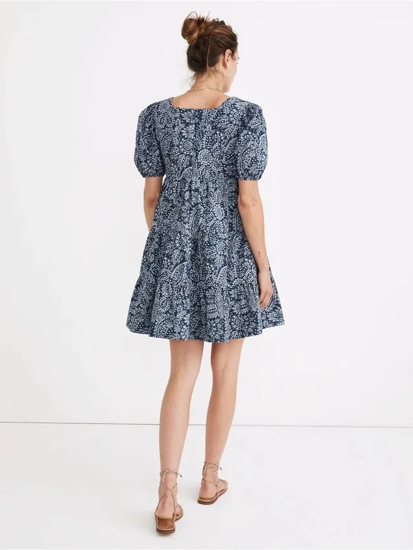 Madewell Poplin Puff-Sleeve Tiered Babydoll Dress in Paisley Garden Navy Size 10 - Image 3