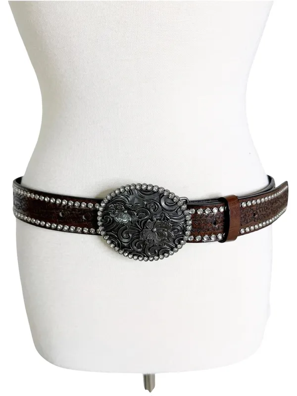 Western Tooled Large Buckle Belt with Rhinestones Brown - Image 4