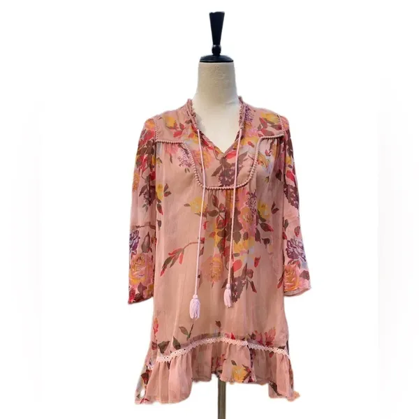 Buckle Boutique Boho Floral Sheer Tunic Top Size S |‎ Pink Lace Tassels Ruffle Hem - Image 2