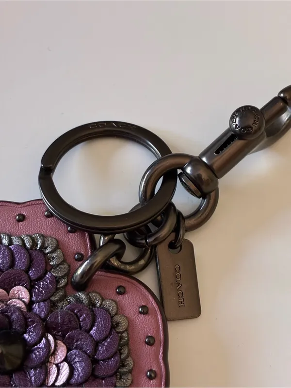 Coach Leather Sequin Applique Tea Rose Key Ring Bag Charm, Pink / Purple, 32677 - Image 7