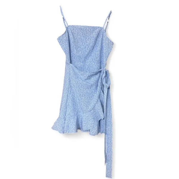 SHEIN Blue Floral Wrap Knot Slip Dress Medium – Ruffle Hem Spaghetti Strap Mini - Image 2
