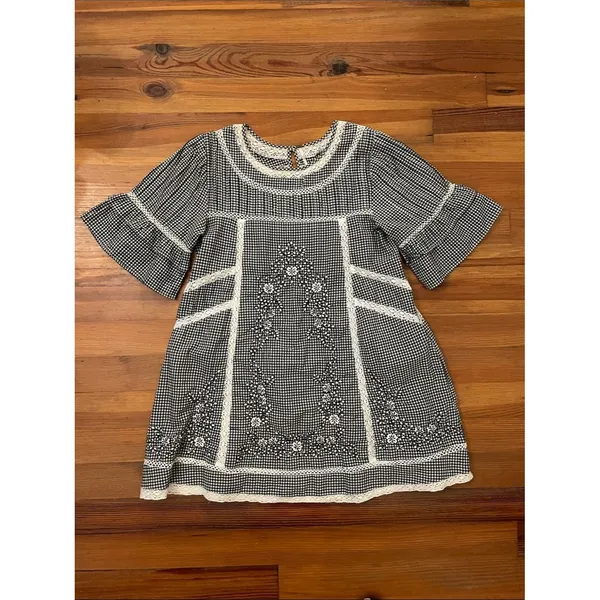 Free People Sunny Day Floral Embroidered Gingham Mini Dress Womens Medium Lace - Image 3