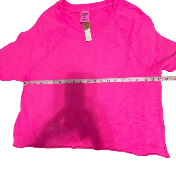 Victoria Secret PINK Crop Top Neon Pink Solid Short Sleeve Crew Neck Raw Cut Hem - Image 3