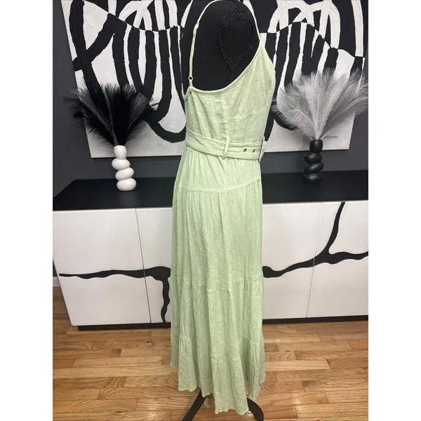 ASOS DESIGN Green Linen Blend Midi Dress Women's US 6 Belted Sundress Boho - Image 3
