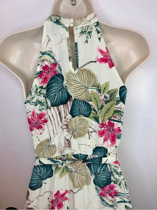 SHEIN XS 2 Tropical Floral Halter Maxi Dress Cream Green Pink Viscose Belted - Image 8