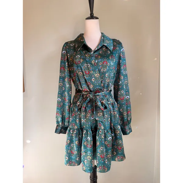 Green Floral Satin Tiered‎ Wrap Mini Dress S Boho whimsi flowy cottage fairy red - Image 2