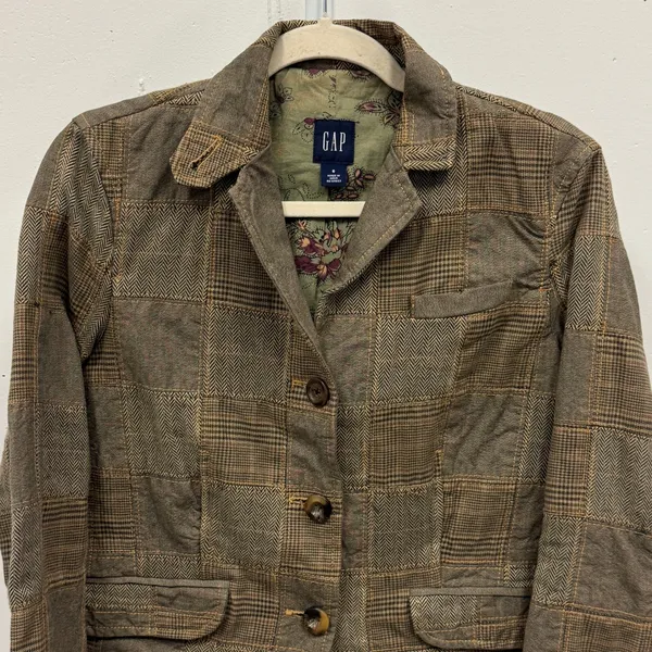 Y2K Gap Women's Brown Patchwork Plaid Herringbone Blazer Jacket Size 6 Earthtone - Image 5