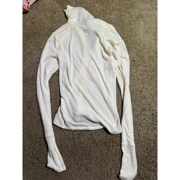 Out From Under Cream Ribbed Knit Snap Front Long Sleeve Top Spread Collar Off White Medium - Image 4