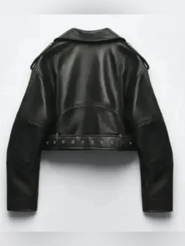 Zara Black Vegan Faux Leather Cropped Biker Moto Jacket Belted - Image 2