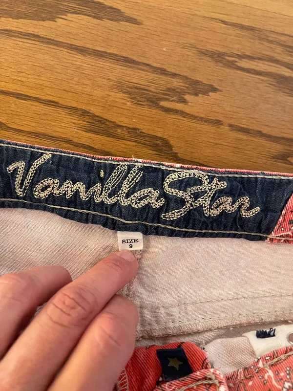 Vanilla Star Coral Red Bandana Print Denim Shorts with Lace Trim - Image 4