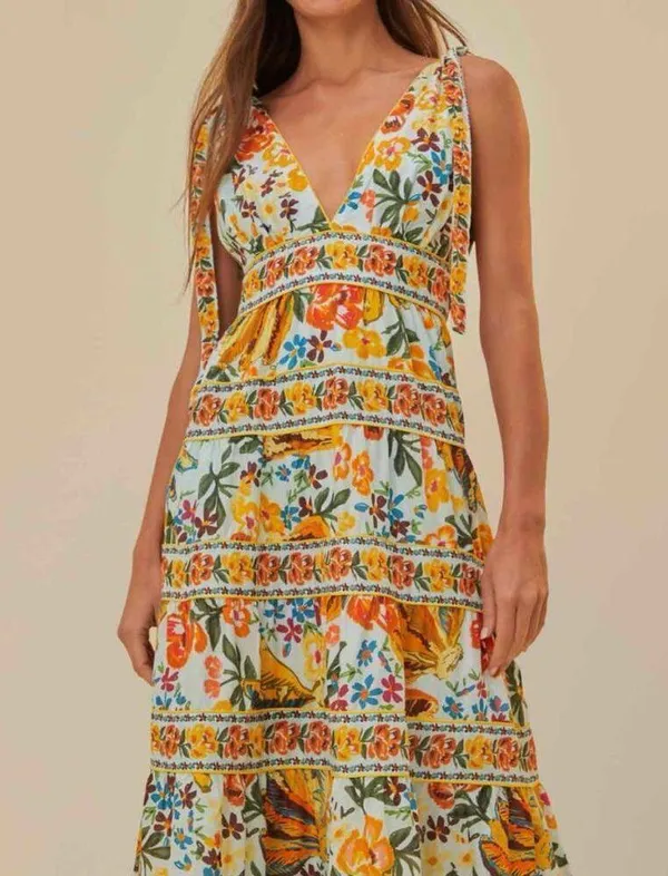 Farm Rio Blue Spring Bananas Midi Dress Size Large Tropical Vacation Casual - Image 13
