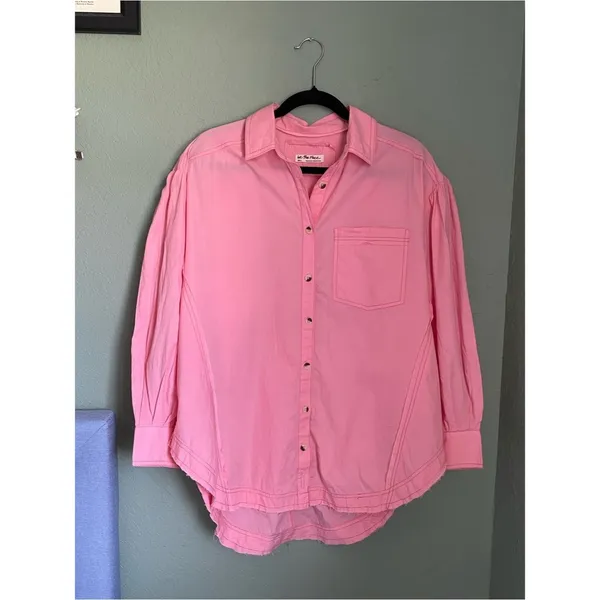 Free People We the Free Cotton Happy Hour Button Down Poplin Shirt Size S Pink - Image 3