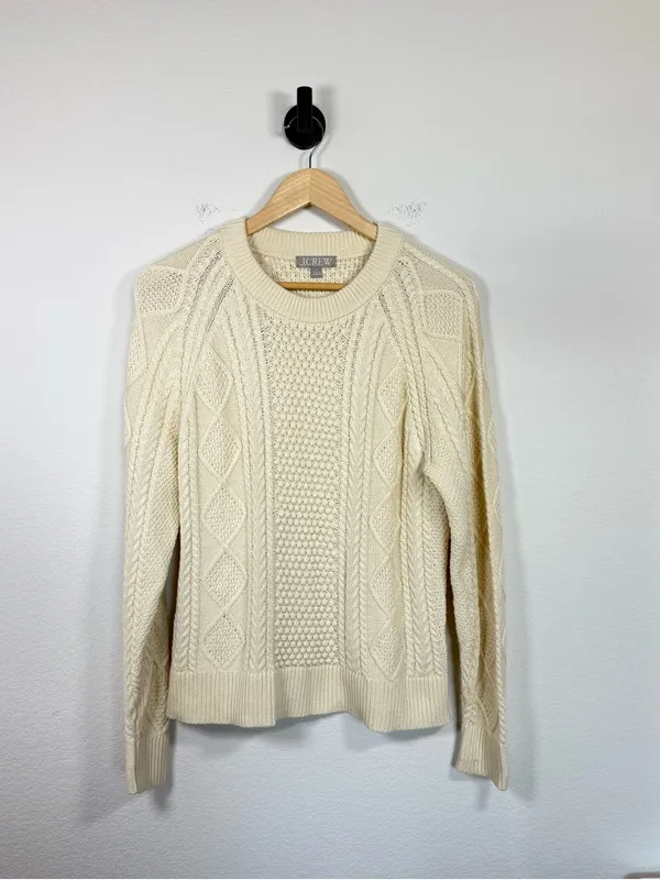 J. Crew Women’s Cotton Cable Knit Crewneck Sweater Ivory Size S - Image 4