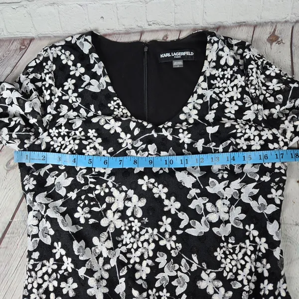 Karl Lagerfeld Paris Black White Floral Lace V Neck 3/4 Sleeve Carys Dress‎ 6 - Image 8