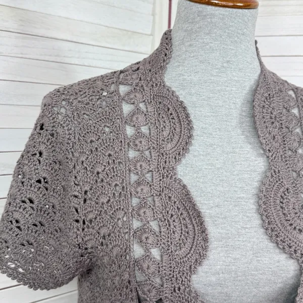 Willi Smith‎ Boho Cottage Crochet Cardigan Shrug Sweater Taupe Medium - Image 5