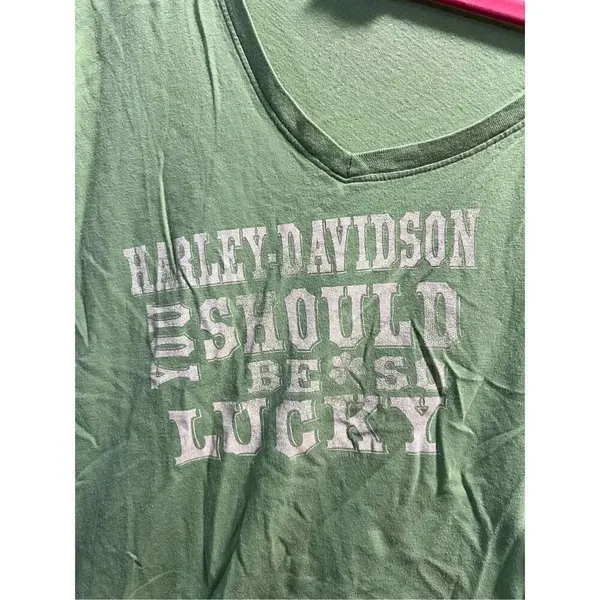 Harley Davidson You Should Be So Lucky Green V-Neck T-Shirt Woman’s Size Large - Image 4